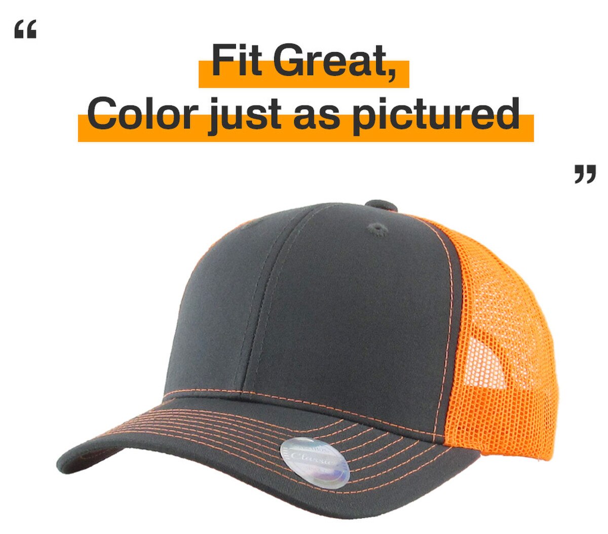 Dark Gray Neon Orange Two Tone Classic 6 Panel Trucker Mesh Snapback Side View Fit Great